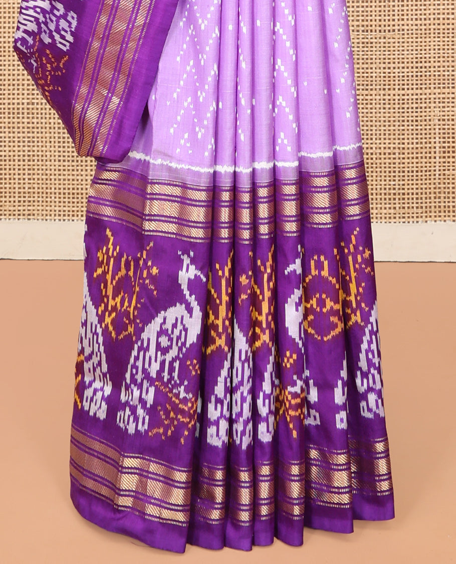 Lavender Pochampally Ikat Saree, Finely Crafted with Chevron Stripes Ikat Weave, a Contrast Ikat Peacock Weave Border, Ikat Pallu, and a Contrast Blouse