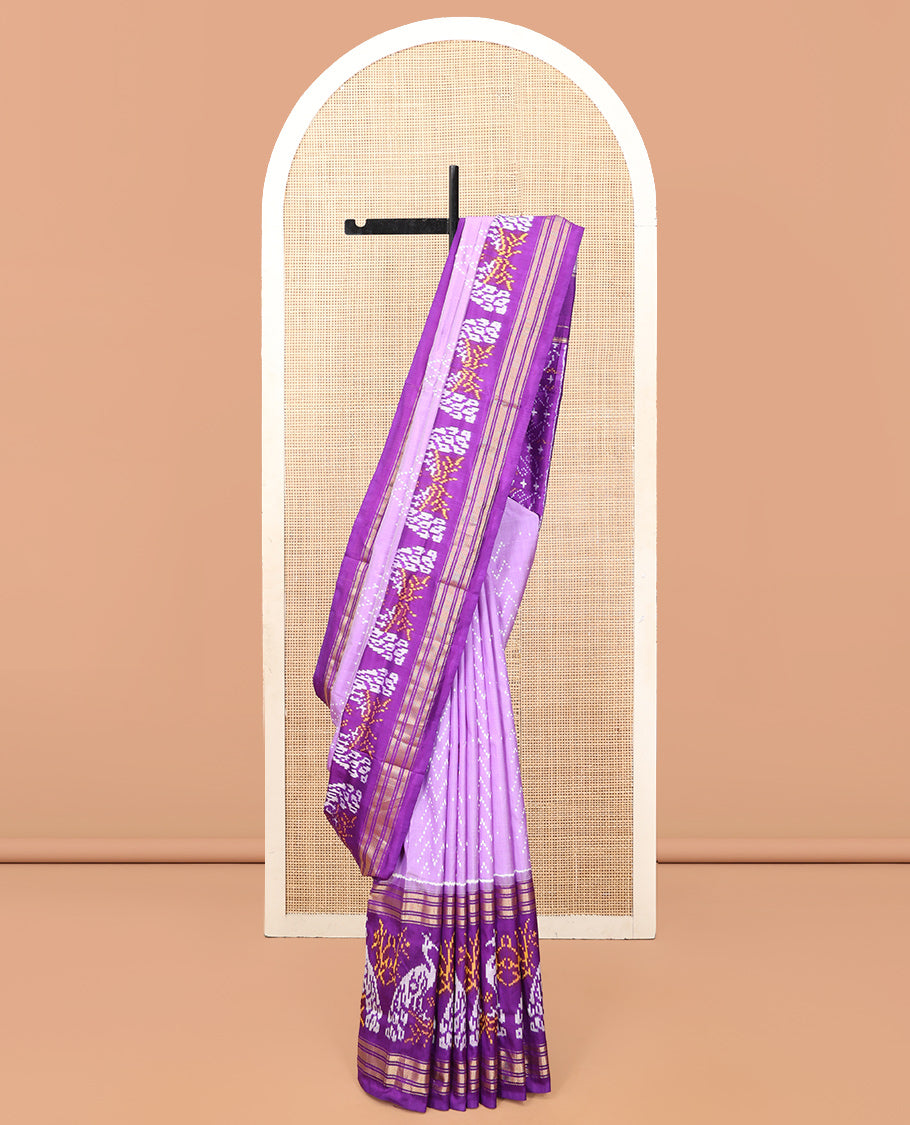 Lavender Pochampally Ikat Saree, Finely Crafted with Chevron Stripes Ikat Weave, a Contrast Ikat Peacock Weave Border, Ikat Pallu, and a Contrast Blouse