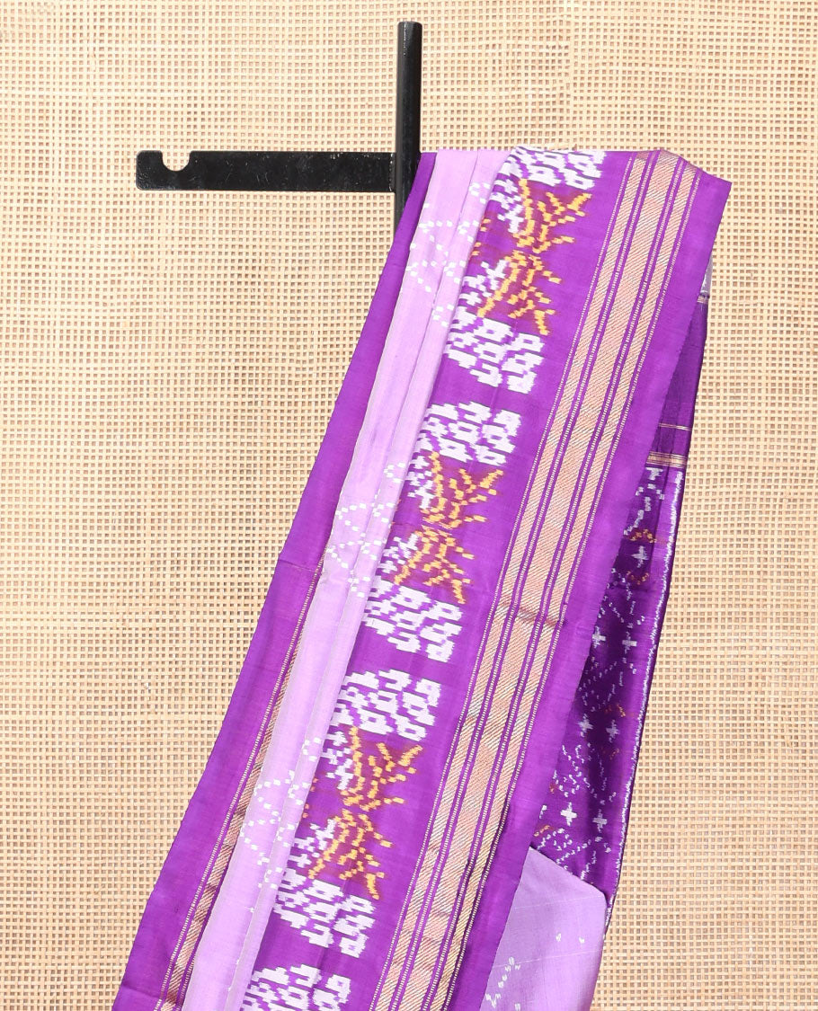 Lavender Pochampally Ikat Saree, Finely Crafted with Chevron Stripes Ikat Weave, a Contrast Ikat Peacock Weave Border, Ikat Pallu, and a Contrast Blouse