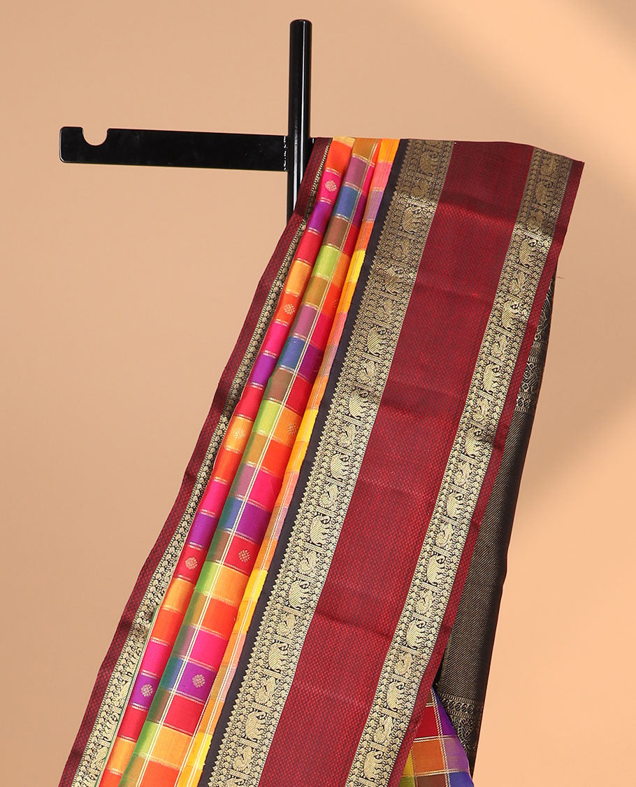 Multi-color checked kancheepuram silk saree with contrast rettai pettu border of thilakam mokku, muthu, manga, yaani, mayil design & zari design pallu '