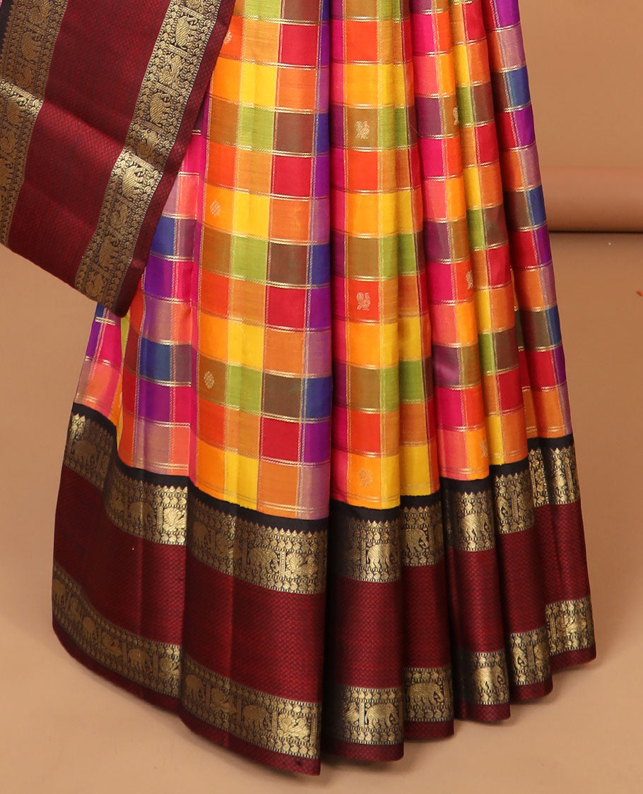 Multi-color checked kancheepuram silk saree with contrast rettai pettu border of thilakam mokku, muthu, manga, yaani, mayil design & zari design pallu '