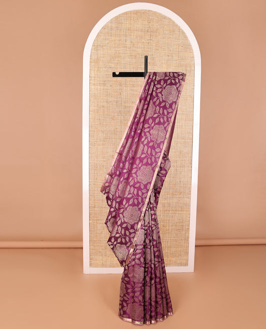 Violet checked, floral design kanchipuram designer silk saree with self zari border  & intricate zari design pallu