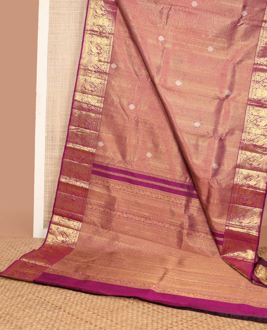 Maroon zari buttas silk saree, zari border of muthu, mayil kann, mayil, kili & iruthalai pakshi design & jaal pallu