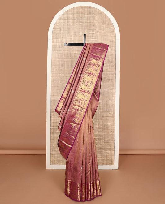 Maroon zari buttas silk saree, zari border of muthu, mayil kann, mayil, kili & iruthalai pakshi design & jaal pallu