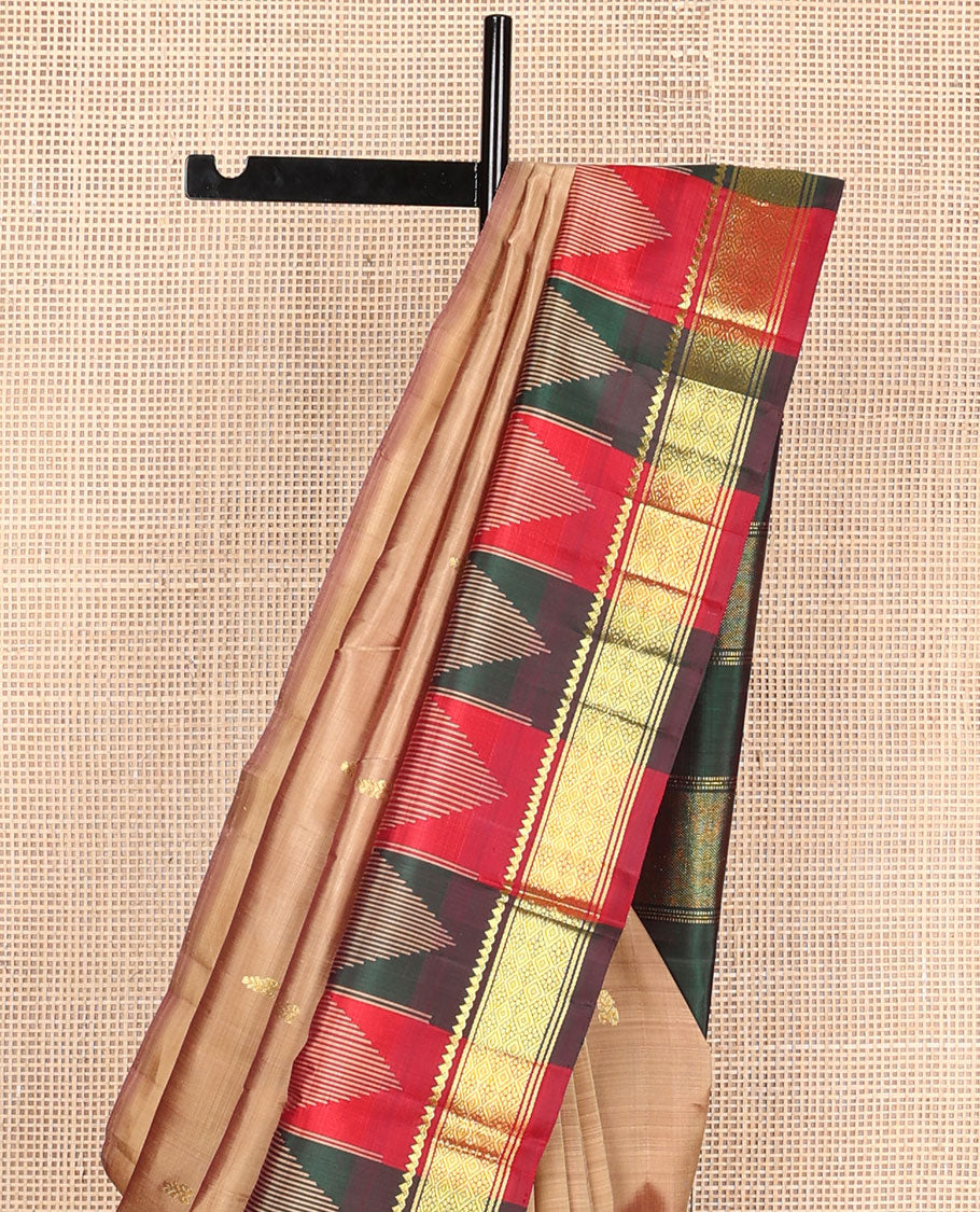 Sandal buttas kanchipuram silksaree, contrast one-sided rekku border of salngai & jaal designs & zari design pallu