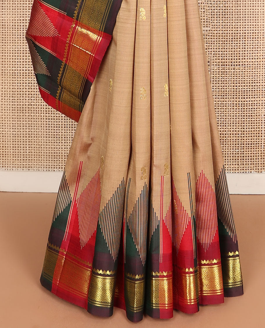 Sandal buttas kanchipuram silksaree, contrast one-sided rekku border of salngai & jaal designs & zari design pallu