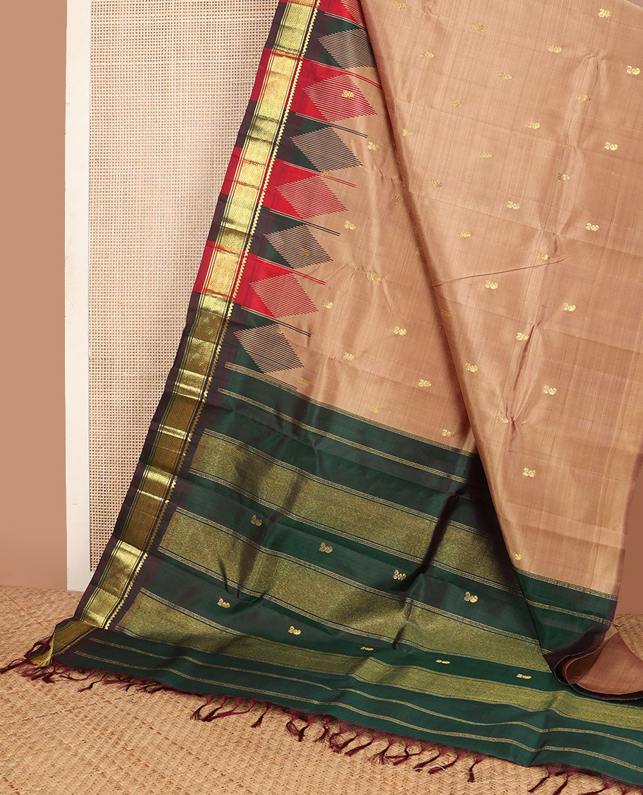 Sandal buttas kanchipuram silksaree, contrast one-sided rekku border of salngai & jaal designs & zari design pallu