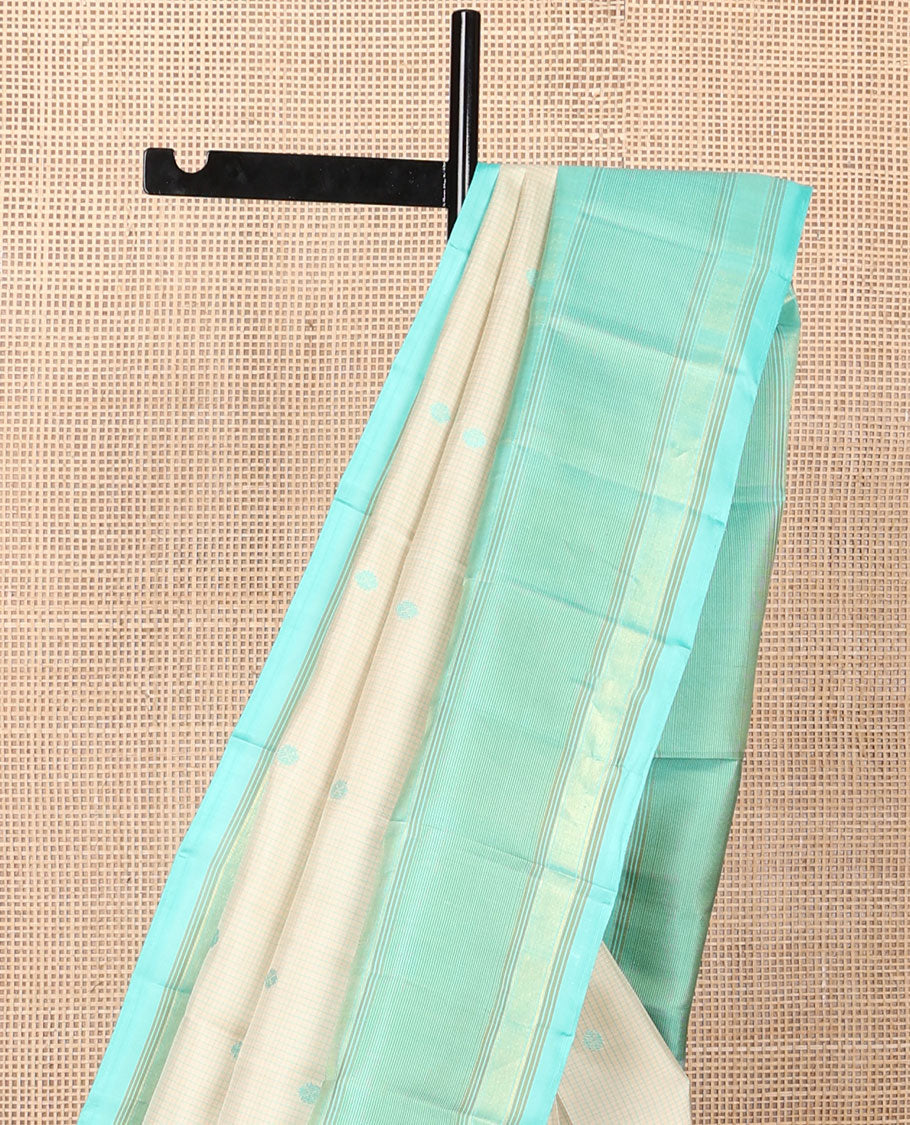Grey micro-checked kanchipuram silk saree, contrast thazampoo rekku striped border & seppu rekku pallu