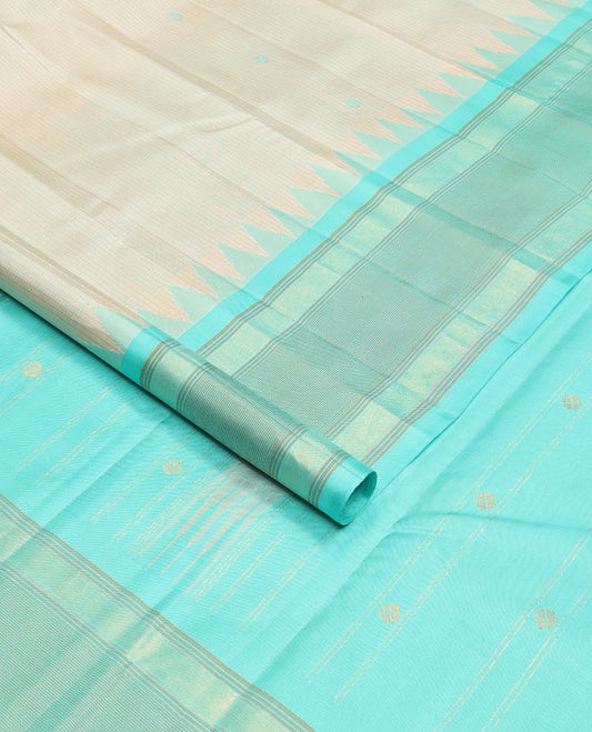 Grey micro-checked kanchipuram silk saree, contrast thazampoo rekku striped border & seppu rekku pallu