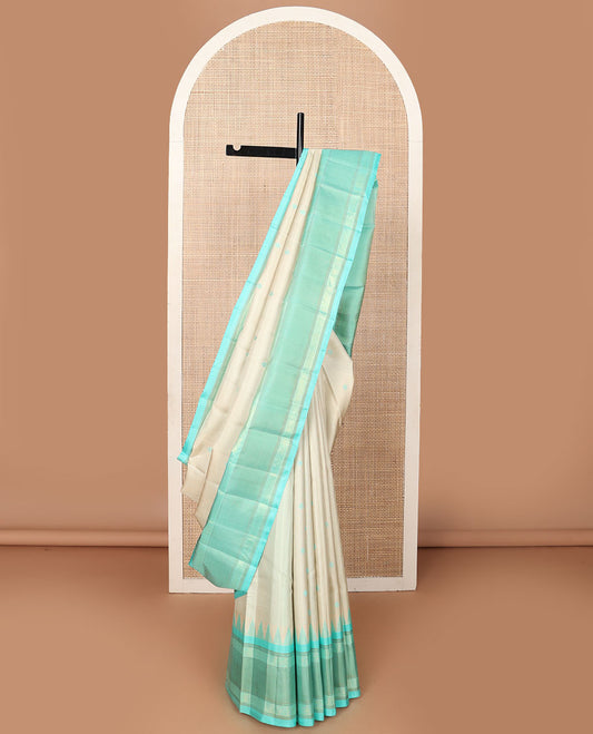 Grey micro-checked kanchipuram silk saree, contrast thazampoo rekku striped border & seppu rekku pallu