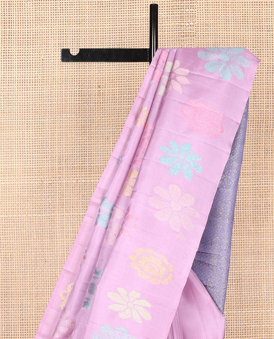 Borderless pink floral meenakari buttas Kanchipuram silk saree, contrast pallu of jaal designs