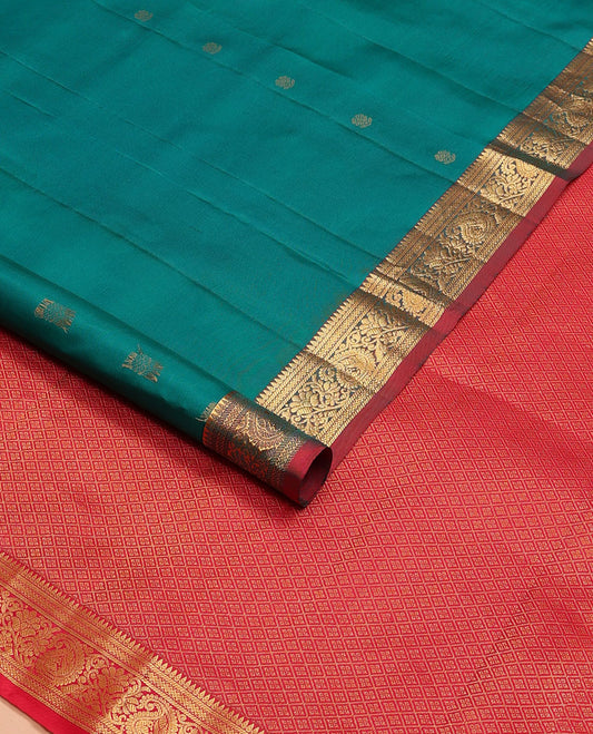 Green zari buttas Kanchipuram silk saree, contrast jaal pallu & border of thilakam,banaras,rettai neli & kodi visiry & mayil enclosed manga