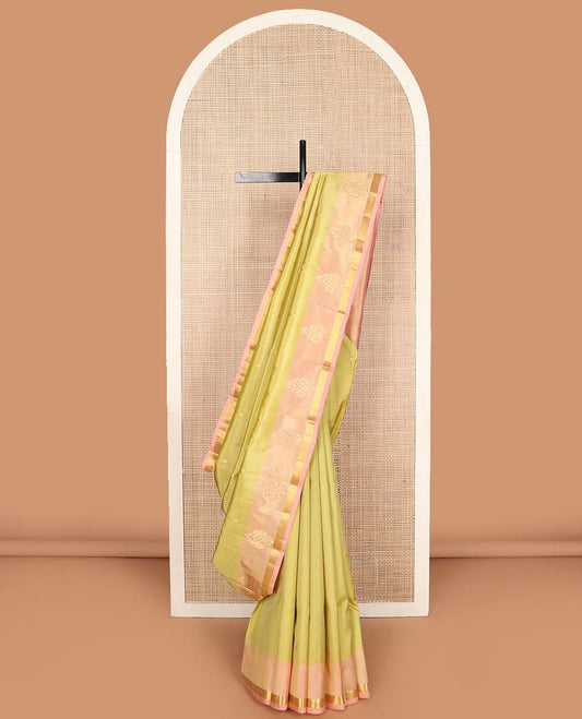 Yellow zari buttas Kanchipuram silk saree, contrast zari design border, and pallu of zari designs