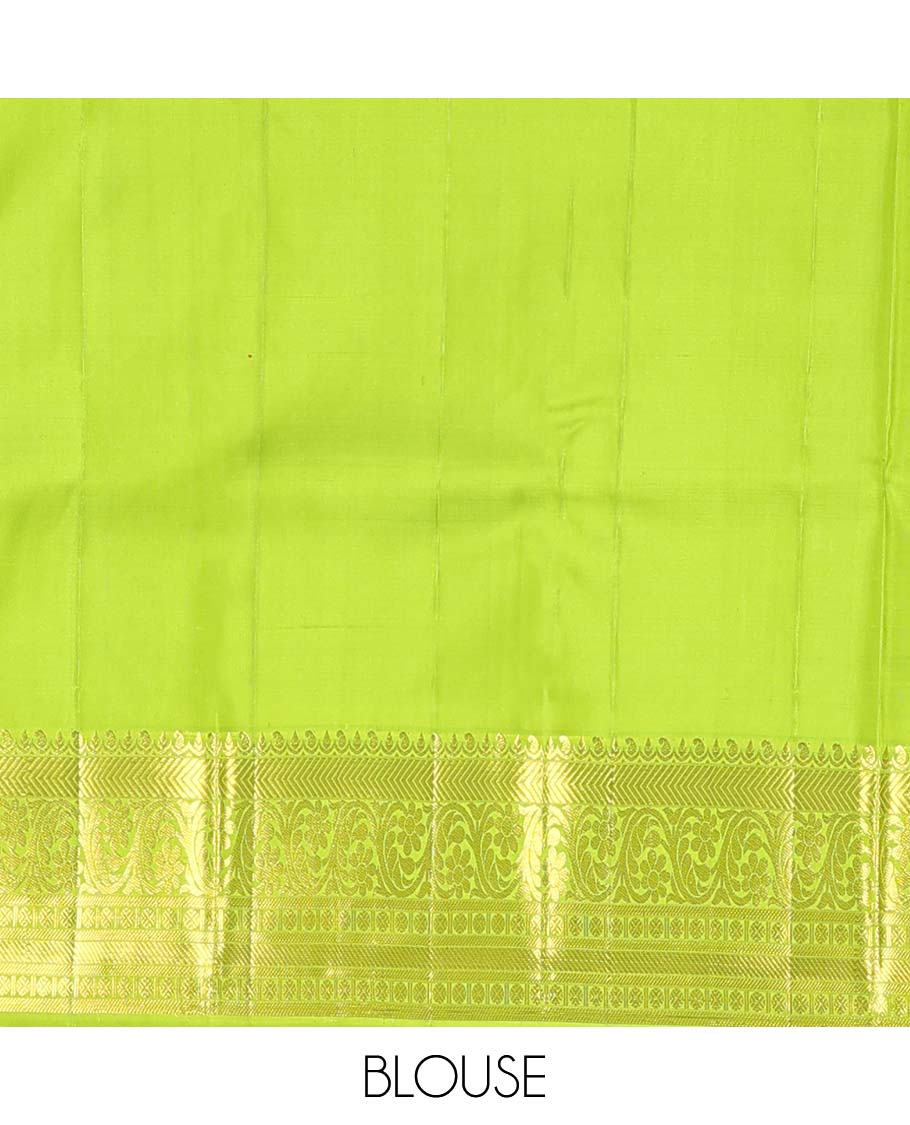 Pink zari buttas Kanchipuram silk saree, contrast zari border of vanki, kodi visiry, and poun designs, and contrast pallu of jaal design