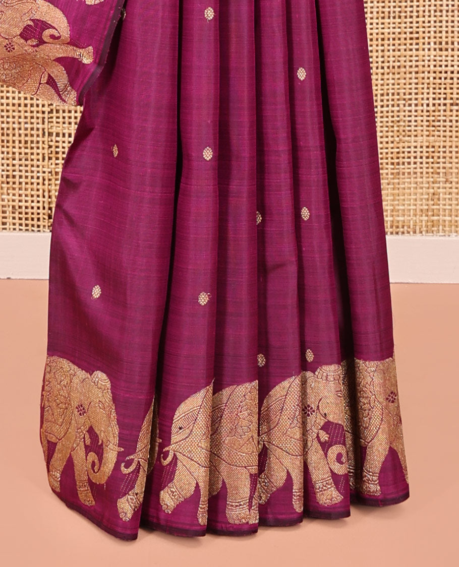 Borderless Purple Designer Silk Saree, Graced with Zari Buttas All Over Its Body, Highlighted by Elephant Motifs On Its Border, Grand Pallu and Paired with a Matching Blouse