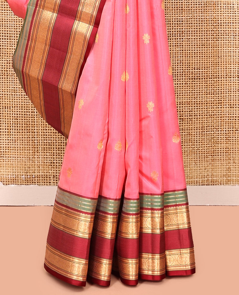 Pink Kanchipuram Silk Saree, Mesmerized with Buttas, Contrast Border of Muthu, Kathir, and Chakram Designs, Pallu of Intricate Design, and a Contrast Blouse