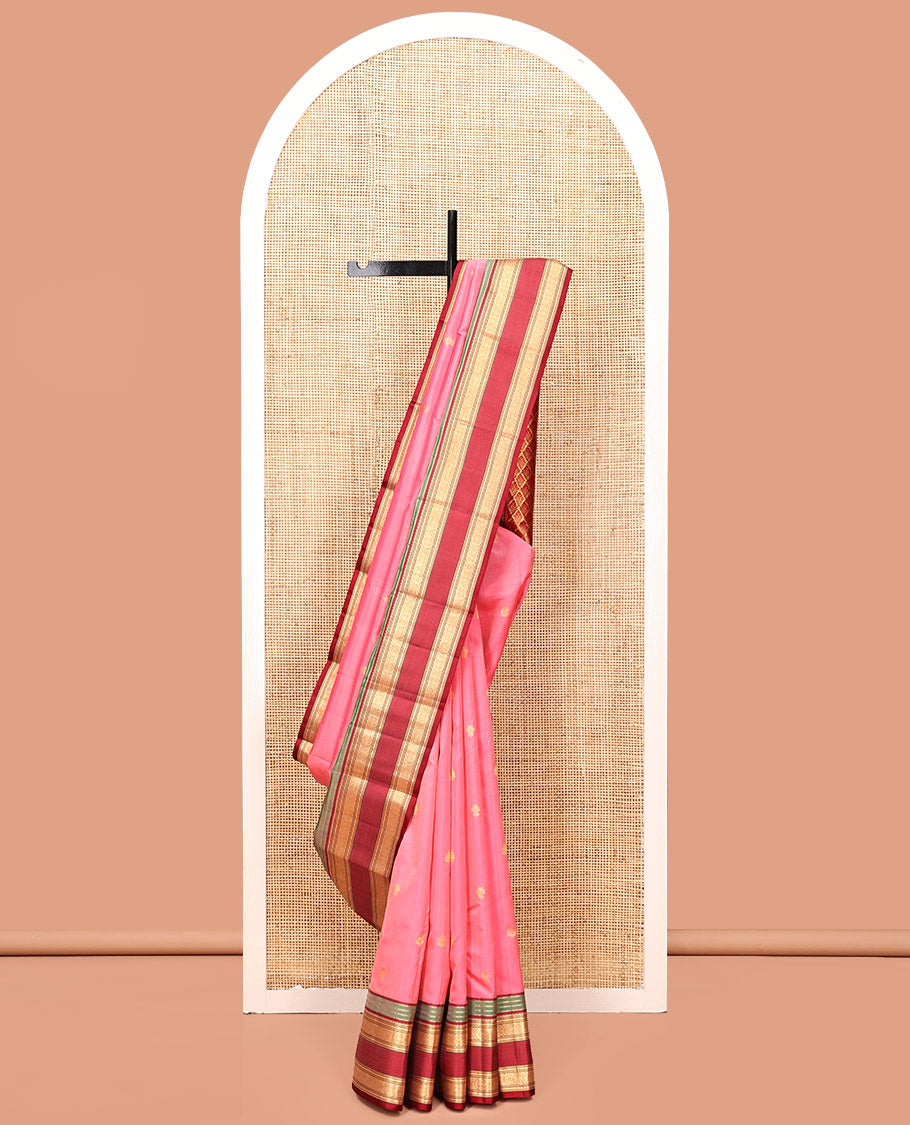 Pink Kanchipuram Silk Saree, Mesmerized with Buttas, Contrast Border of Muthu, Kathir, and Chakram Designs, Pallu of Intricate Design, and a Contrast Blouse