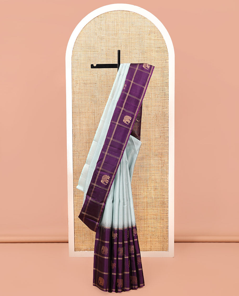 Grey Checked Kanchipuram Silk Saree, a Contrast Border of Butta Enclosed Checks, Jaal Pallu, and a Contrast Blouse