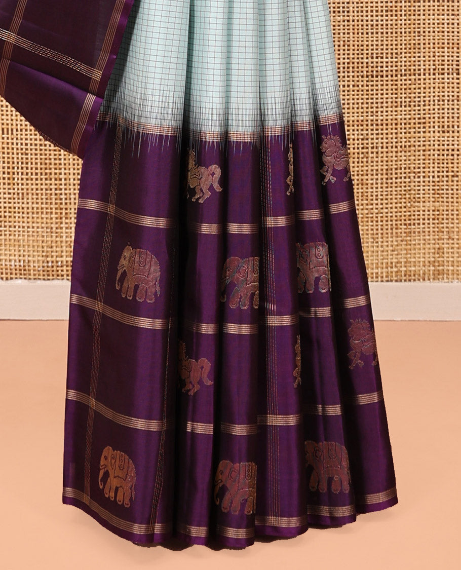 Grey Checked Kanchipuram Silk Saree, a Contrast Border of Butta Enclosed Checks, Jaal Pallu, and a Contrast Blouse