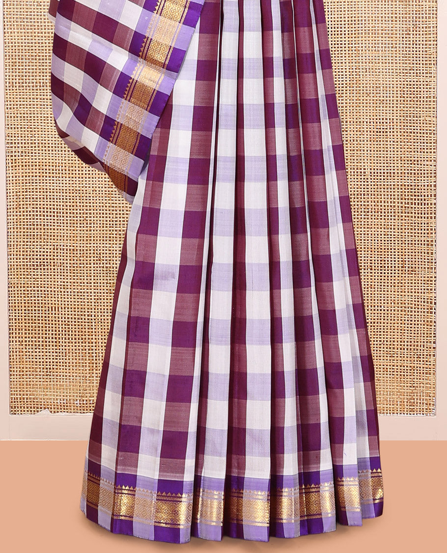 Multi-Color Checked Kanchipuram Silk Saree, Complemented by a Zari Border of Rekku, Banaras, and Jaal Design, Pallu of Zari Design, and No Blouse