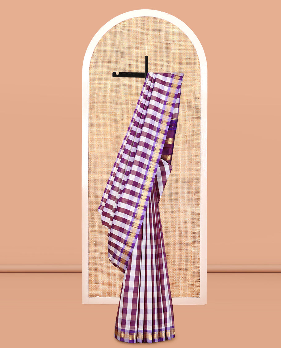 Multi-Color Checked Kanchipuram Silk Saree, Complemented by a Zari Border of Rekku, Banaras, and Jaal Design, Pallu of Zari Design, and No Blouse