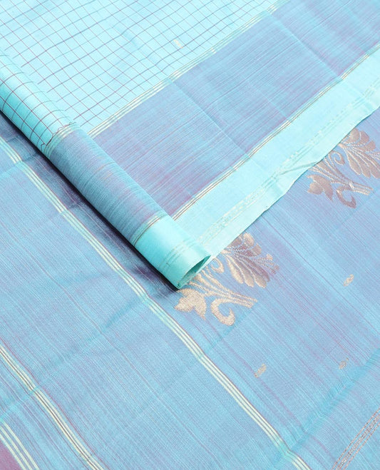 Light blue checked kancheepuram silk saree with contrast floral zari design border & floral design pallu
