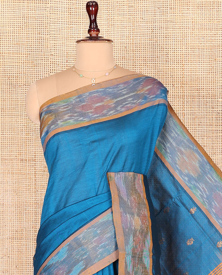 Blue Plain Kuppadam Cotton Saree, Complemented by a Contrast Ikkat Textured Border, Captivating Contrast Pallu of Stripes, and Paired with a Contrast Blouse