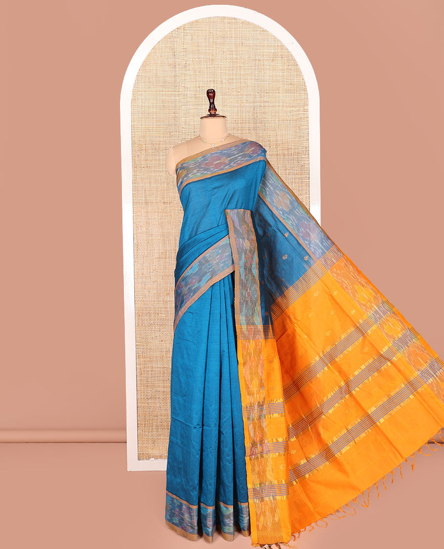 Blue Plain Kuppadam Cotton Saree, Complemented by a Contrast Ikkat Textured Border, Captivating Contrast Pallu of Stripes, and Paired with a Contrast Blouse
