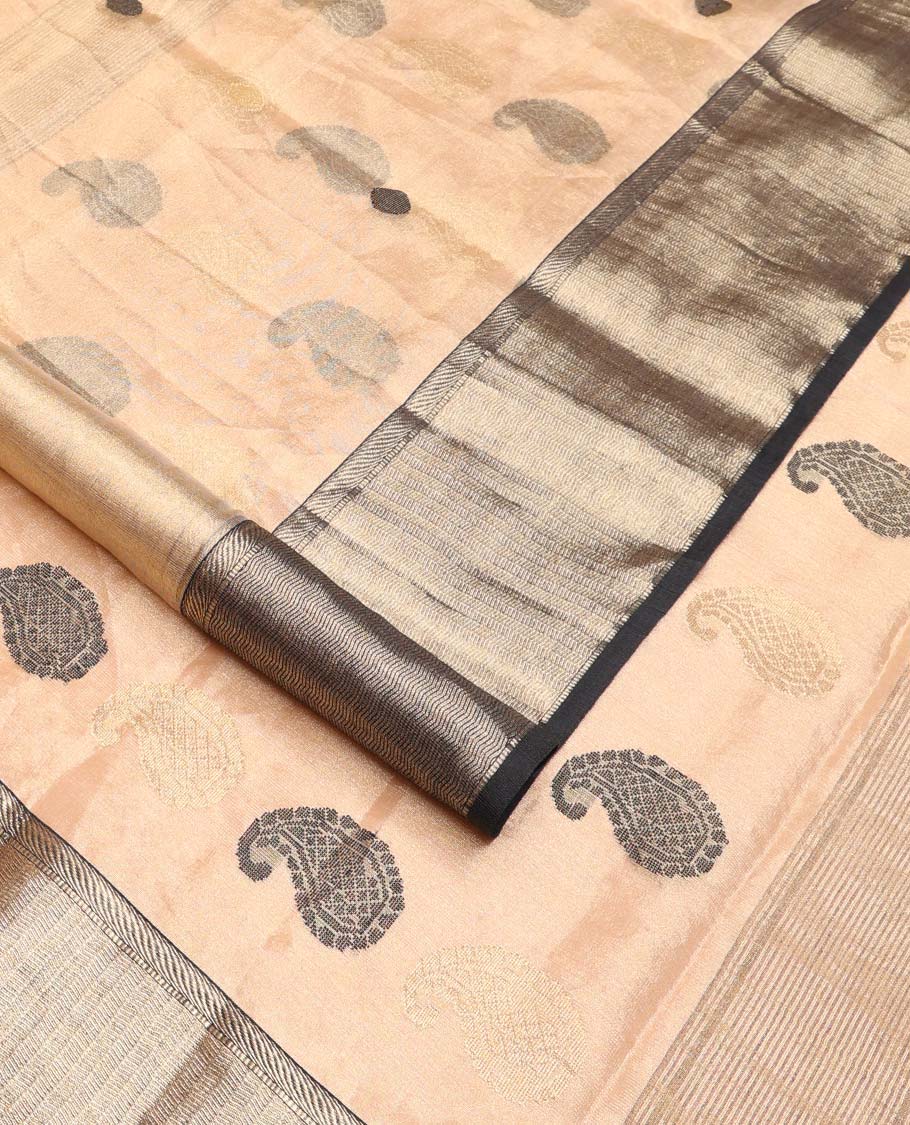 Sandal buttas Mageshwari cotton saree, contrast chevron zari striped border, and pallu steeped with paisleys