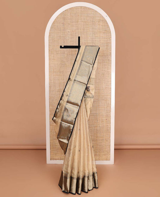 Sandal buttas Mageshwari cotton saree, contrast chevron zari striped border, and pallu steeped with paisleys