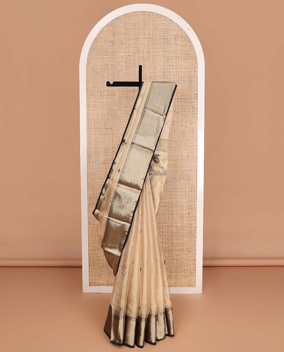 Sandal buttas Mageshwari cotton saree, contrast chevron zari striped border, and pallu steeped with paisleys