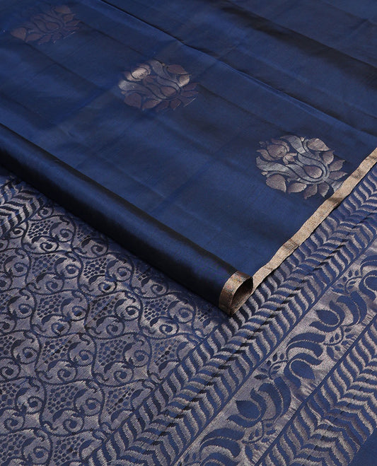 Dark blue floral buttas mayuri soft silk saree with self zari border & floral jaal design pallu