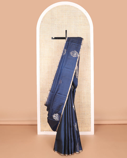 Dark blue floral buttas mayuri soft silk saree with self zari border & floral jaal design pallu