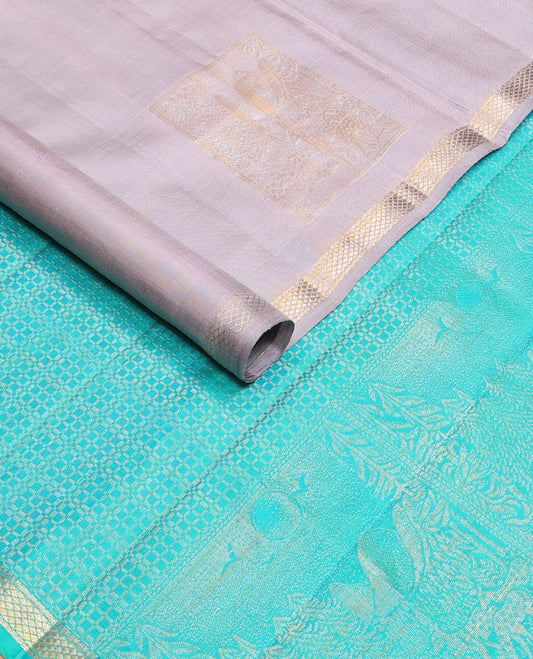 Grey zari buttas soft silk saree, piping zari border & contrast intricately zari woven pallu
