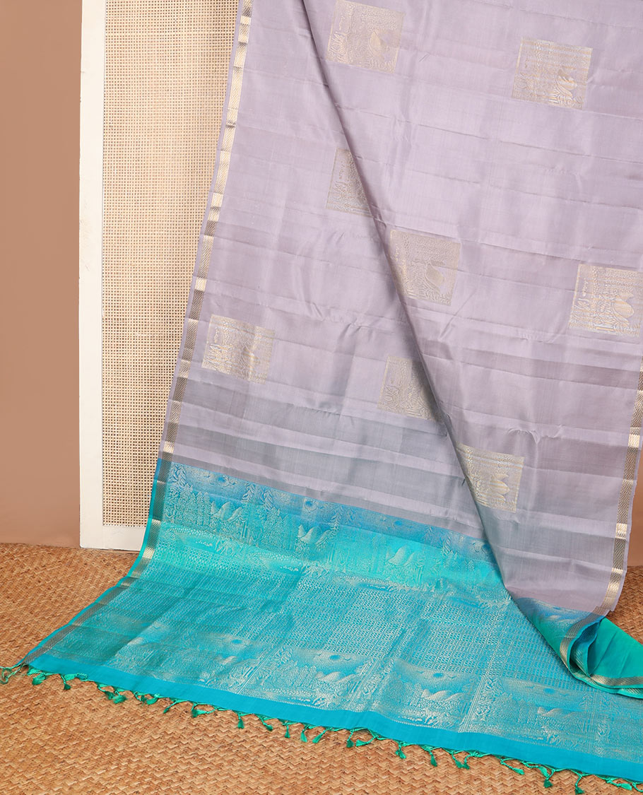 Grey zari buttas soft silk saree, piping zari border & contrast intricately zari woven pallu