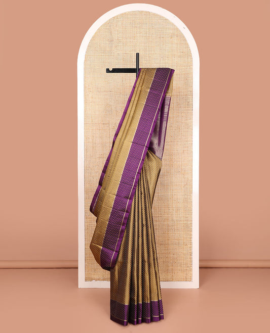 Mehendi green buttas soft silk saree, contrast buttas woven border, and pallu of geometric patterns