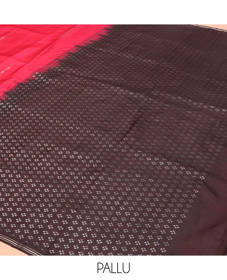 Red Mayuri Soft Silk Saree Adorned with Zari Buttas, Complemented by a Contrast Piping Border, Pallu Steeped with Diamond Buttas, and Paired with a Contrast Zari Buttas Blouse