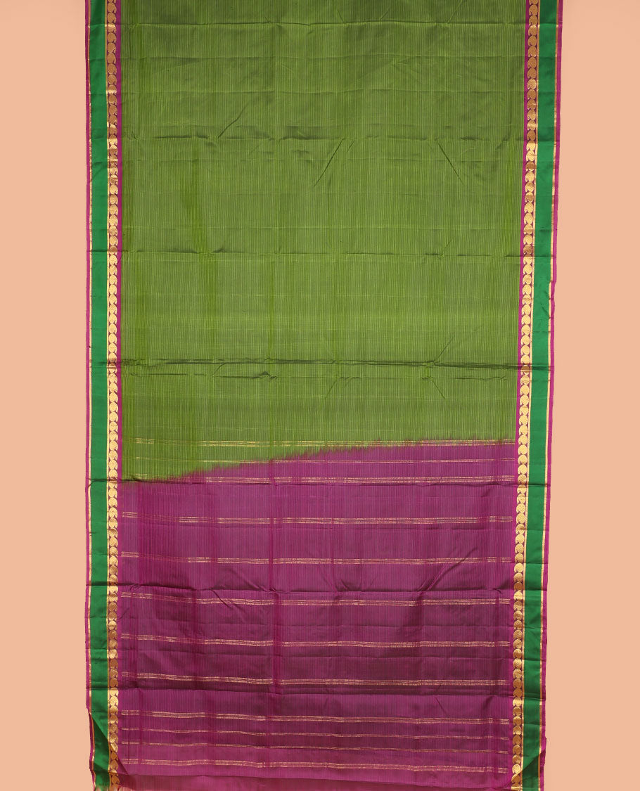 Olive green vazhaipoo striped ten-yard silksaree,contrast rettai pettu border of kathir & kuyil kann manga design & zari striped pallu