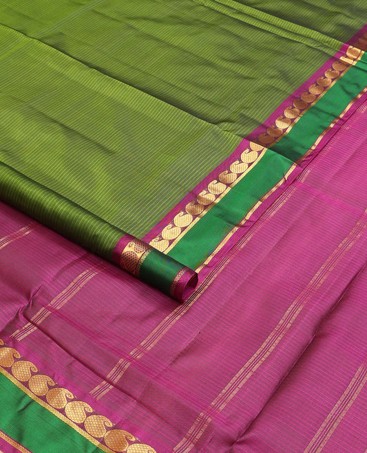 Olive green vazhaipoo striped ten-yard silksaree,contrast rettai pettu border of kathir & kuyil kann manga design & zari striped pallu