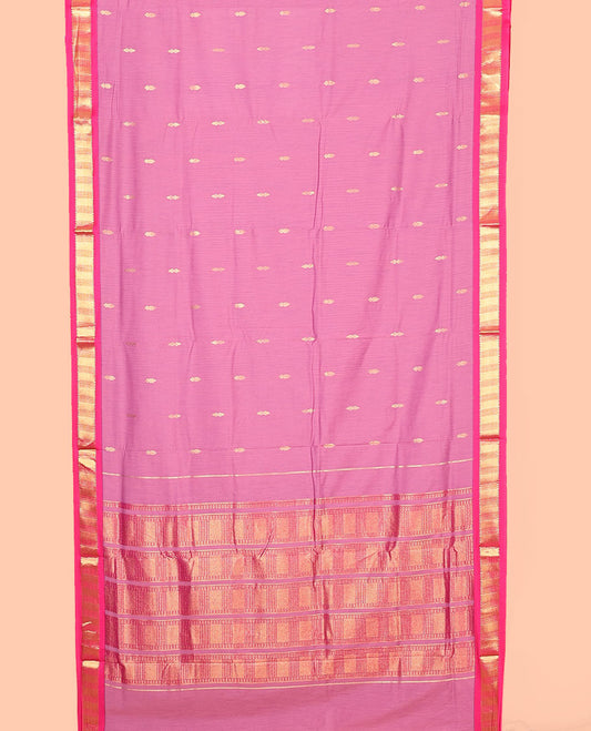 Pink Nine-Yard Art Silk Saree, Decorated with Buttas All Over Its Body, Complemented by a Contrast Traditional Zari Design Border, Pallu Steeped with Traditional Designs, and Comes Without a Blouse
