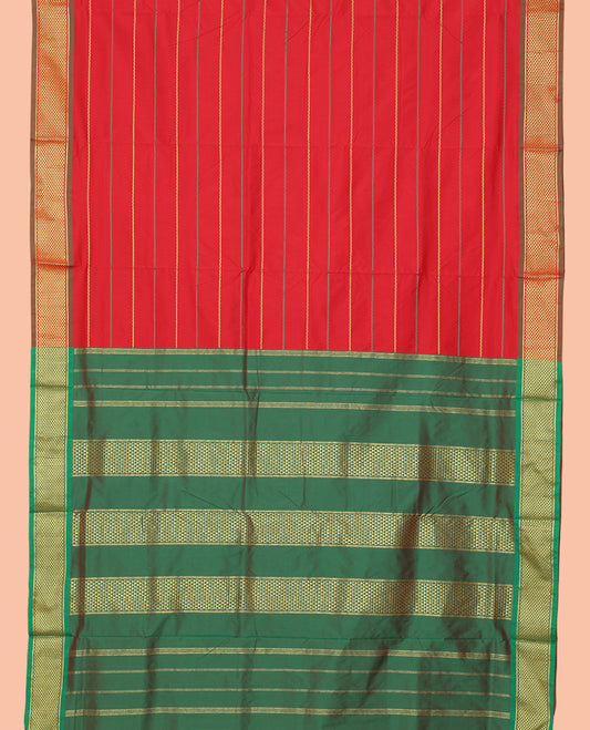 Red Neli Striped Nine-Yard Saree, Complemented by a Contrast Ara Maadam Border, Contrast Pallu of Stripes, and No Blouse