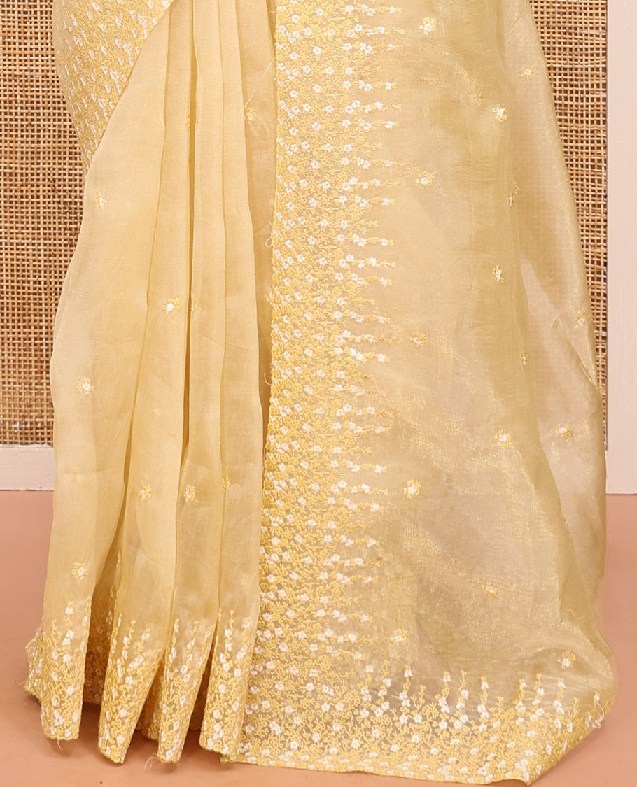 Pale Yellow Organza Saree, Detailed with Floral Embroidery, Scallop Floral Embroidery Border, and a Matching Blouse