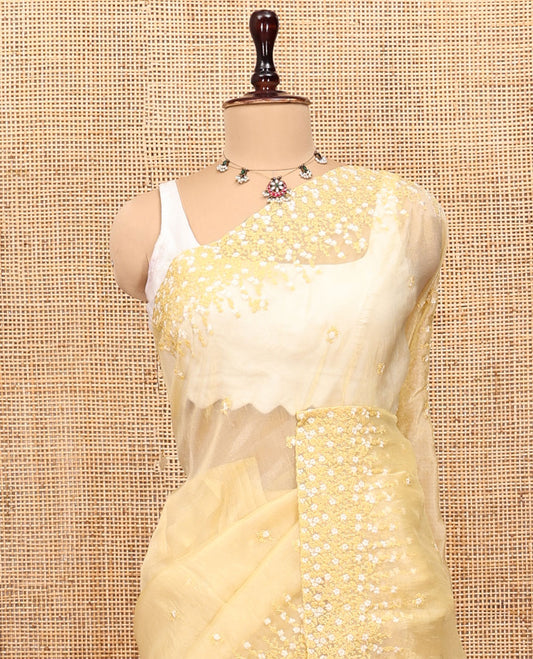 Pale Yellow Organza Saree, Detailed with Floral Embroidery, Scallop Floral Embroidery Border, and a Matching Blouse