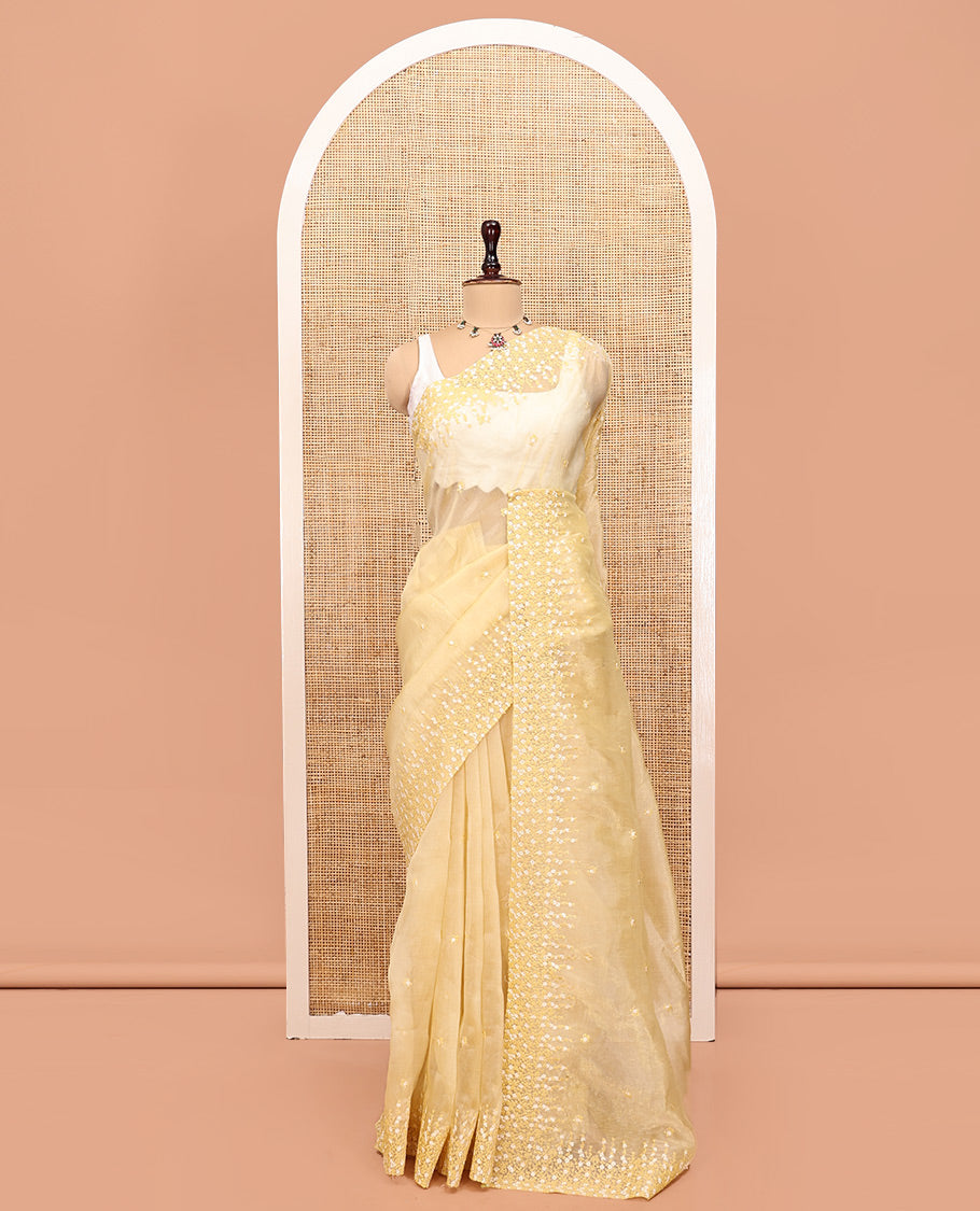 Pale Yellow Organza Saree, Detailed with Floral Embroidery, Scallop Floral Embroidery Border, and a Matching Blouse