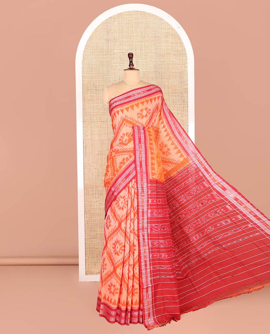 Orange Odisha Cotton Saree, Delicately Woven with Geometric Designs on Its Body, Complemented by a Contrast Ikkat Weave Border, Pallu of Ikkat Weave, and Comes Without a Blouse