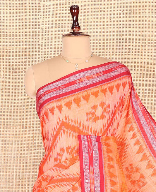 Orange Odisha Cotton Saree, Delicately Woven with Geometric Designs on Its Body, Complemented by a Contrast Ikkat Weave Border, Pallu of Ikkat Weave, and Comes Without a Blouse