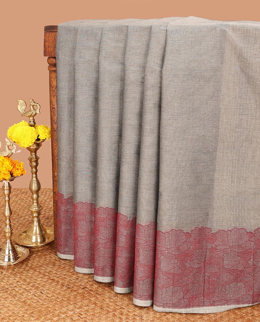 Silver grey coimbatore cotton saree with contrast thread border & threaded rich pallu along with striped blouse