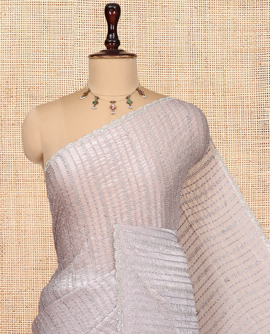 Dusky Lavender Fendi Chiffon Saree, Bead Embroidery, a Scalloped Border, a Matching Blouse