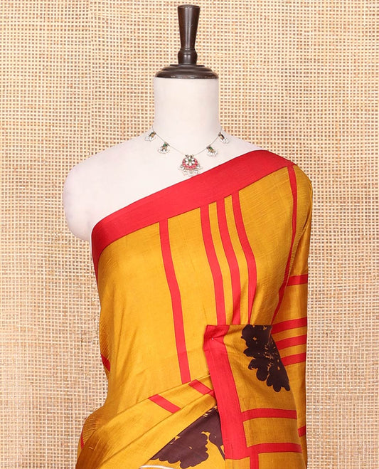 Mustard Printed Silk Saree Embellished with Stripes and Floral Buttas on Its Body, Complemented with a Contrast Border, Pallu of Floral Print, and Paired with a Contrast Plain Blouse