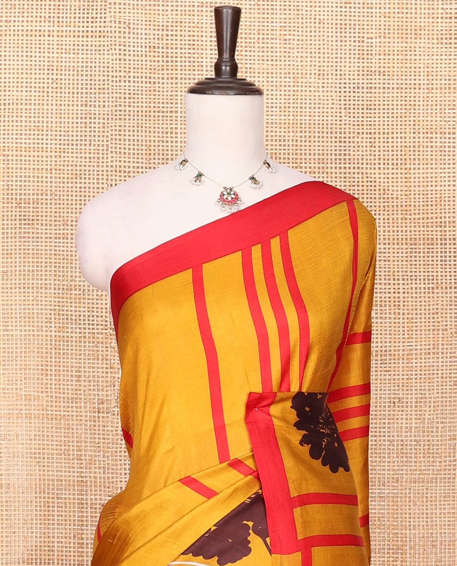 Mustard Printed Silk Saree Embellished with Stripes and Floral Buttas on Its Body, Complemented with a Contrast Border, Pallu of Floral Print, and Paired with a Contrast Plain Blouse